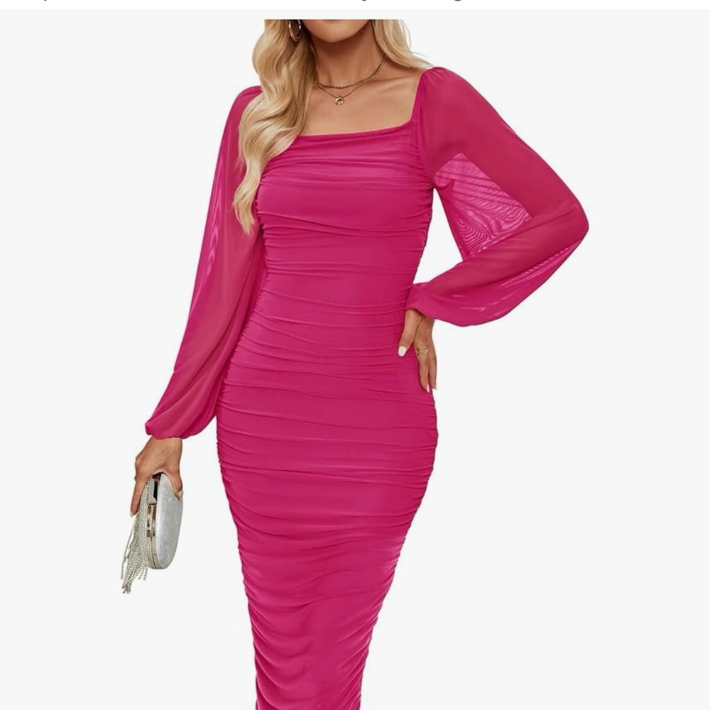 Chic Fuchsia Long Sleeve Midi Dress